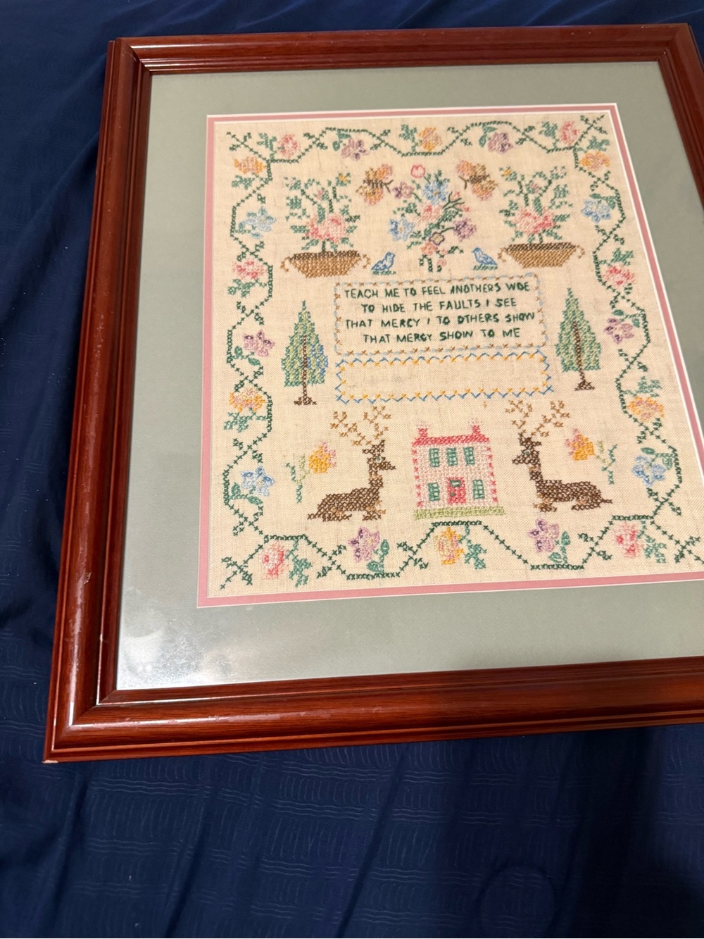 Vintage Sampler Cross Stitch Framed 1967 Handmade 19x17  Trees  Deer Etc